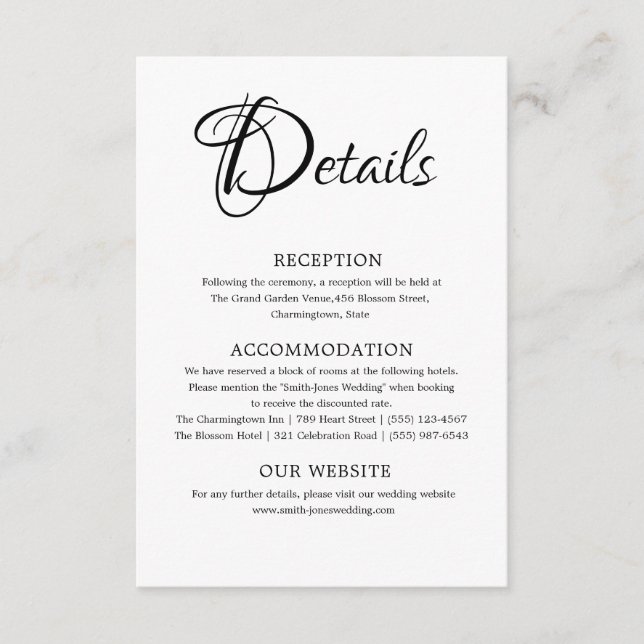 Tarjeta De Recepción Detalles sencillos de Boda blanco y negro (Anverso)