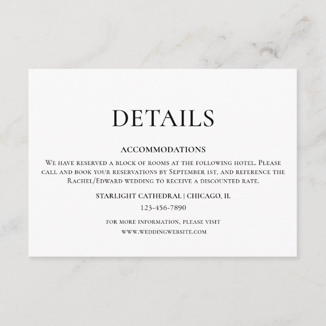 Tarjeta De Recepción Detalles sencillos de Boda blanco y negro (Anverso)