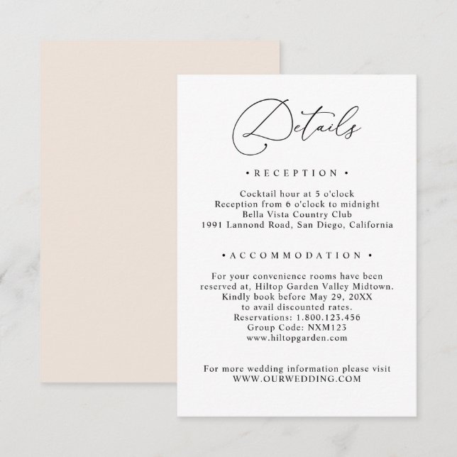 Tarjeta De Recepción Detalles sencillos del Boda de información de invi (Anverso / Reverso)
