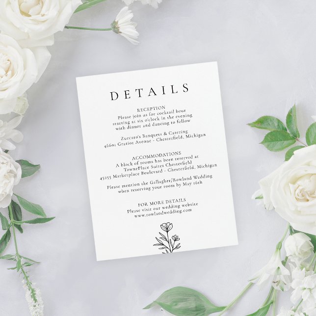 Tarjeta De Recepción Detalles sencillos del Boda floral blanco y negro (Subido por el creador)