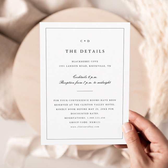 Tarjeta De Recepción Detalles sencillos del monograma de Boda blanco y  (Simple Monogram Wedding Details Enclosure Cards.)