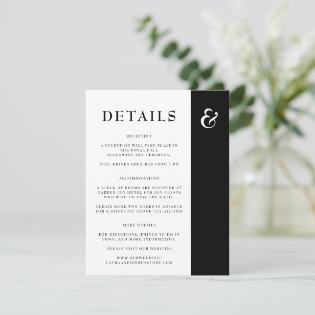 Tarjeta De Recepción Detalles sencillos y elegantes de boda en blanco y (Anverso de pie)
