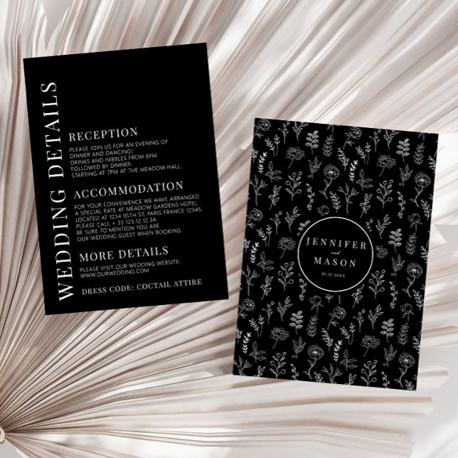 Tarjeta De Recepción Detalles simples de boda floral negra milenaria (Subido por el creador)