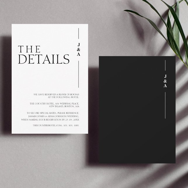 Tarjeta De Recepción Detalles simples del monograma blanco negro Boda (Subido por el creador)