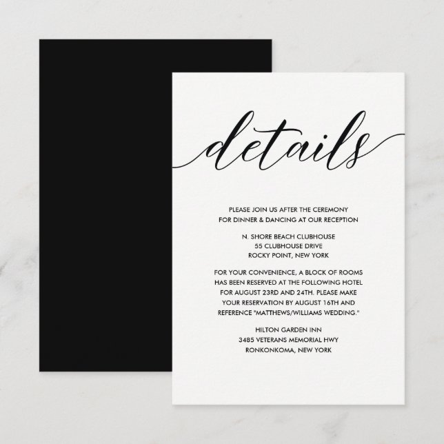 Tarjeta De Recepción Detalles simples elegantes de Boda blanco y negro (Anverso / Reverso)