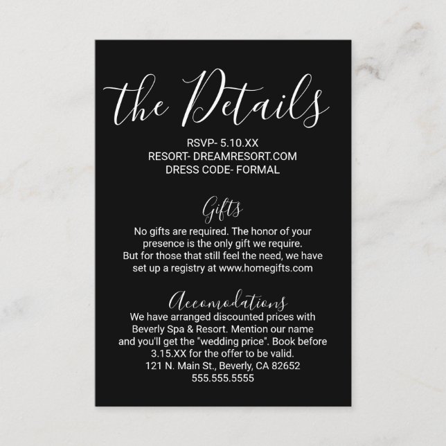 Tarjeta De Recepción Detalles simples mínimos del Boda blanco negro (Anverso)