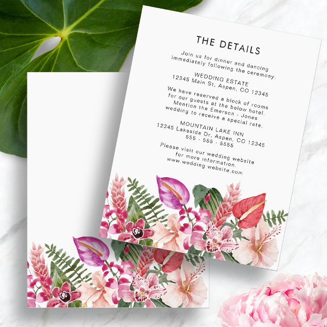 Tarjeta De Recepción Detalles tropicales (Tropical Floral Watercolor Details Enclosure Card by Painted Paperie
)