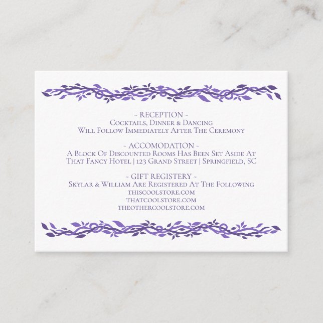 Tarjeta De Recepción Detalles ultravioleta del Boda de madera morada (Anverso)