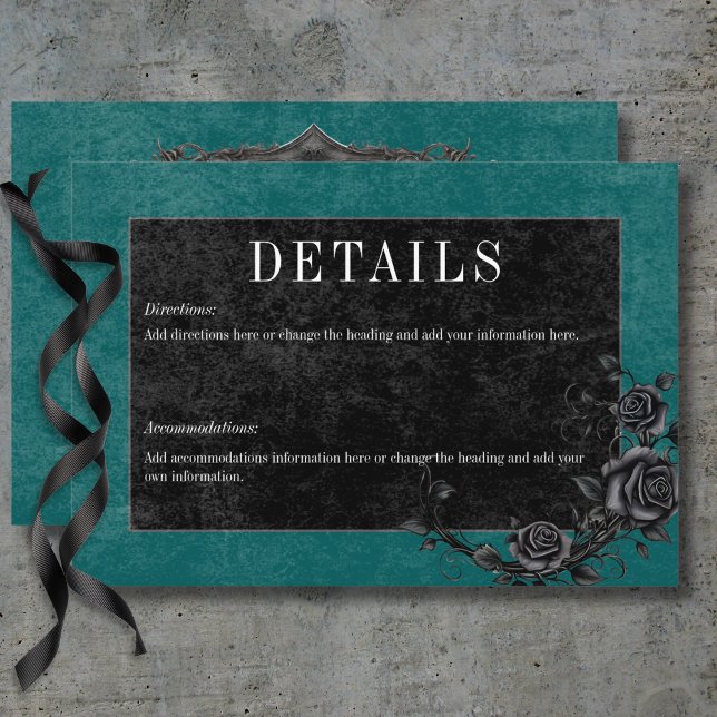 Tarjeta De Recepción Detalles Verde azulados de la avenida negra gótica (Gothic Black Raven & Black Roses Teal Details Enclosure Card)