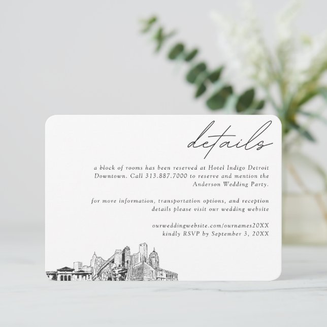 Tarjeta De Recepción Detroit Boda Hotel Bloque de habitaciones Pequeño (Anverso de pie)