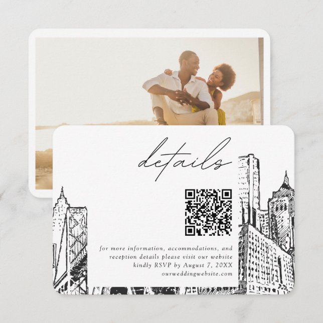 Tarjeta De Recepción Detroit Skyline Pequeño Boda Detalles del código Q (Anverso / Reverso)