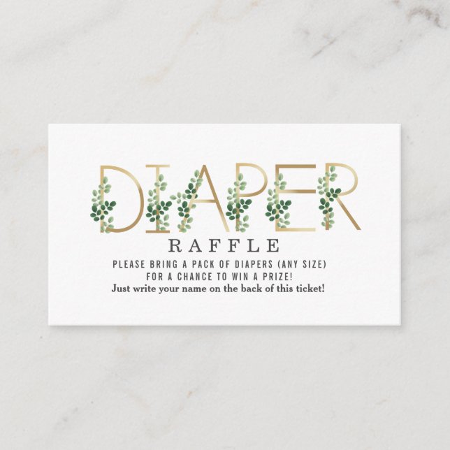 Tarjeta De Recepción Diaper de letras botánicas Raffle Baby Shower (Anverso)