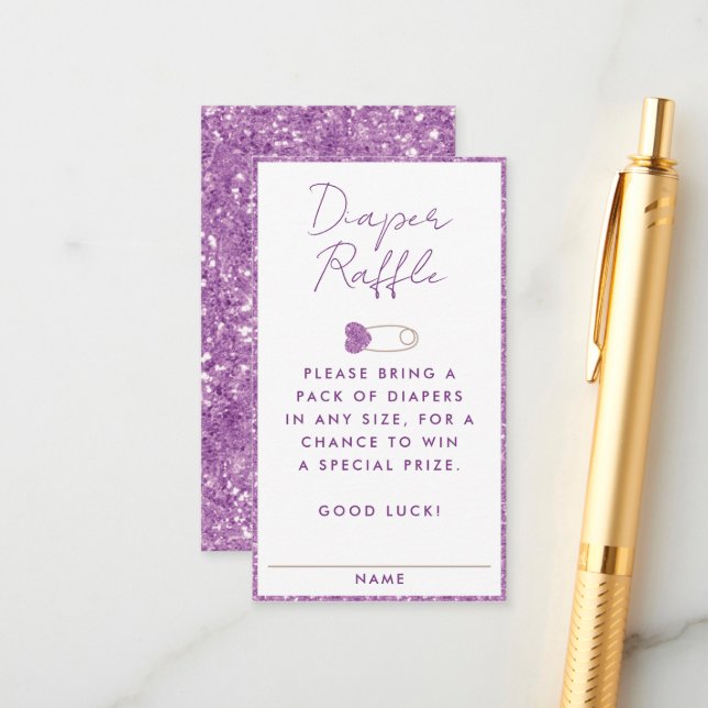 Tarjeta De Recepción Diaper morado Purpurina Raffle Gabinete Baby Showe (Anverso/Reverso In Situ)