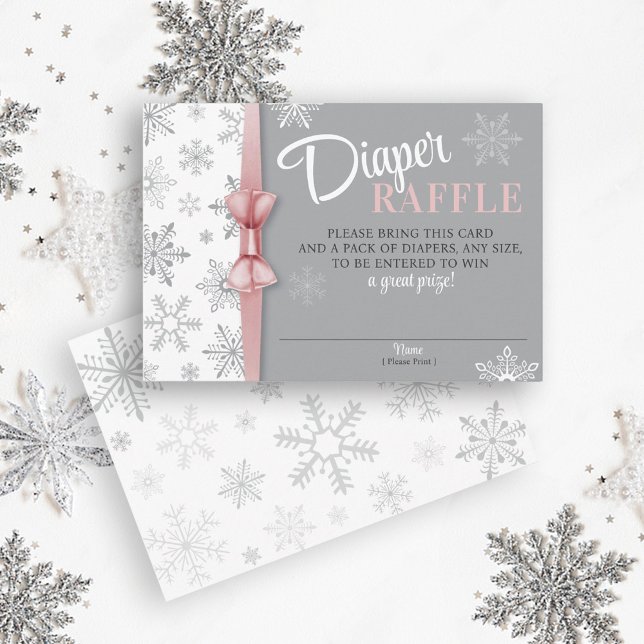 Tarjeta De Recepción Diaper Raffle Baby Girl Pink Gray Snowflake Winter (Baby It's Cold Outside, Snow Excited, Snowflake Winter Pink Gray Baby Girl Shower Diaper Raffle card)
