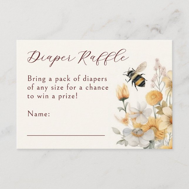 Tarjeta De Recepción Diaper Raffle Bee Wildflower Floral Baby Shower (Anverso)
