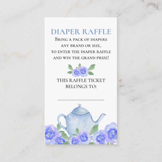 Tarjeta De Recepción Diaper Raffle Blue Floral Teapot Baby Shower (Anverso)