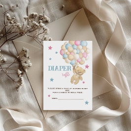 Tarjeta De Recepción Diaper Raffle Blue Pink Teddy Bear Stars Balloons