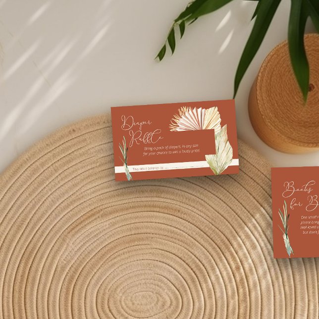 Tarjeta De Recepción Diaper Raffle Boho Foliage Terracotta Baby Shower (Diaper Raffle enclosure card in terracotta with boho palm leaves)