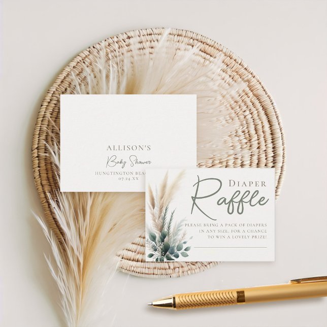 Tarjeta De Recepción Diaper Raffle Boho Pampas Green Arch Neutral (boho baby shower diaper raffle card pampas greenery watercolor sage green beige neutral)