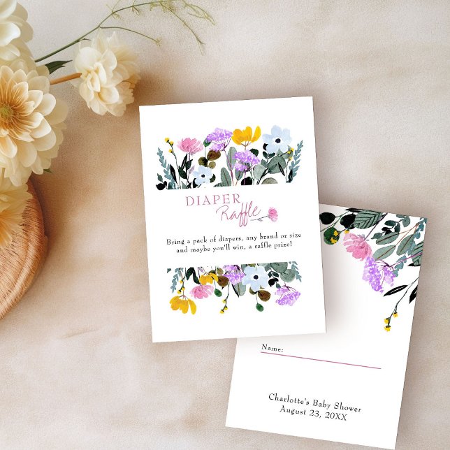 Tarjeta De Recepción Diaper Raffle Bonito Wildflower Lawn White (Diaper Raffle Tickets from my Wildflower Lawn Baby Shower Collection)