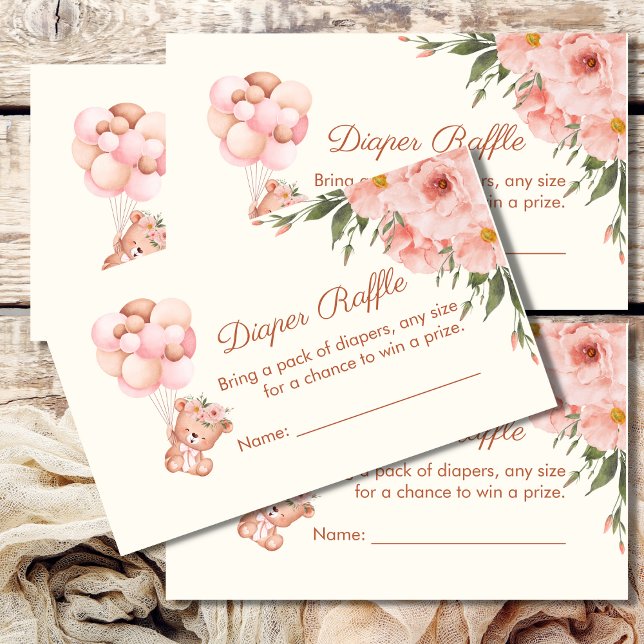 Tarjeta De Recepción Diaper Raffle Card Cubo Bear Balón Flor Rosa (Subido por el creador)