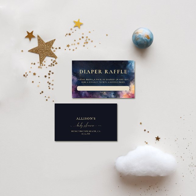 Tarjeta De Recepción Diaper Raffle Celestial Gift Navy Blue Baby Shower (celestial baby shower diaper raffle card moon planets cosmos galaxy dark navy blue gold watercolor)