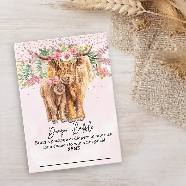 Tarjeta De Recepción Diaper Raffle Chica rosa Highland Cow Floral (Subido por el creador)