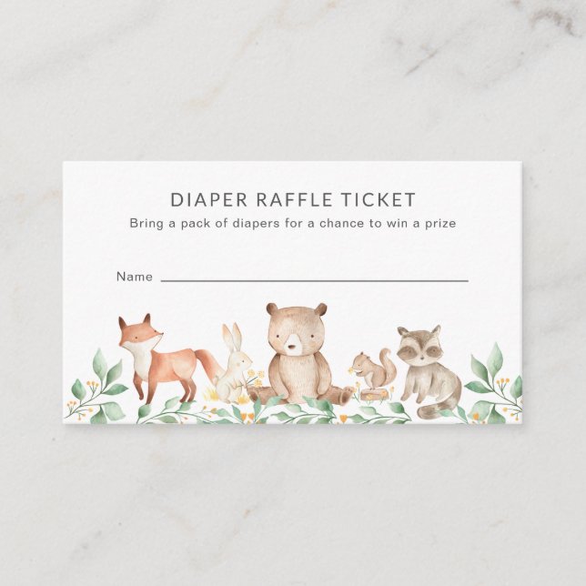 Tarjeta De Recepción Diaper Raffle Cute Woodland Animals Baby Shower (Anverso)