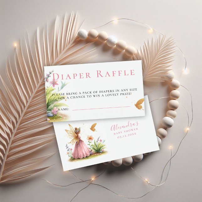 Tarjeta De Recepción Diaper Raffle Fairy Princess Chica Rosa Baby Showe (enchanted forest princess wildflowers garden butterfly diaper raffle baby shower)