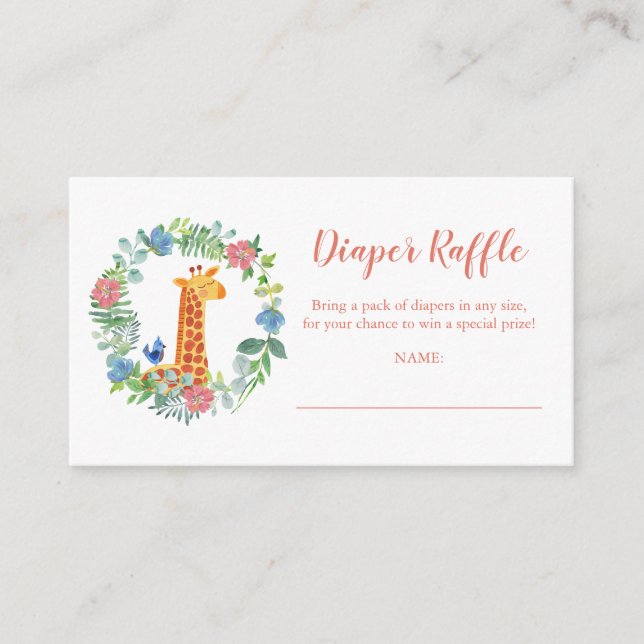 Tarjeta De Recepción Diaper Raffle Giraffe Floral Wreath Baby Shower (Anverso)