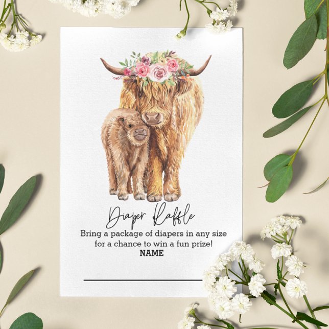 Tarjeta De Recepción Diaper Raffle Highland Cow Floral Gabinete (Subido por el creador)