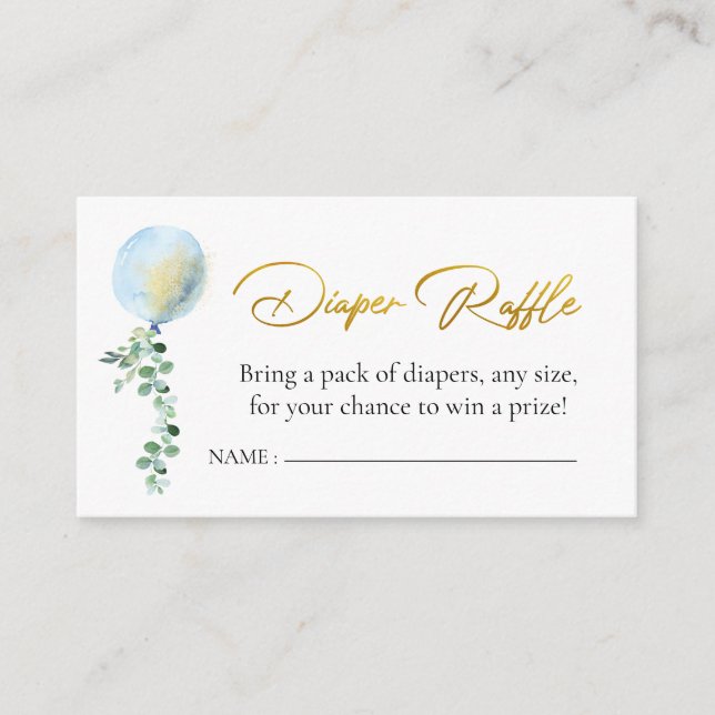 Tarjeta De Recepción Diaper Raffle Oh Boy Baby Blue Balloon Eucalyptus (Anverso)