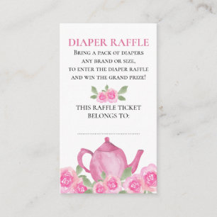 Tarjeta De Recepción Diaper Raffle Pink Floral Teapot Baby Shower