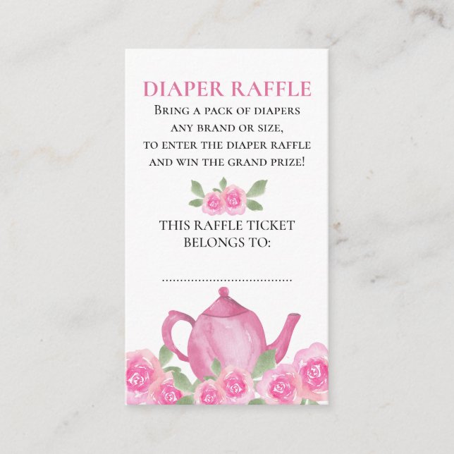 Tarjeta De Recepción Diaper Raffle Pink Floral Teapot Baby Shower (Anverso)
