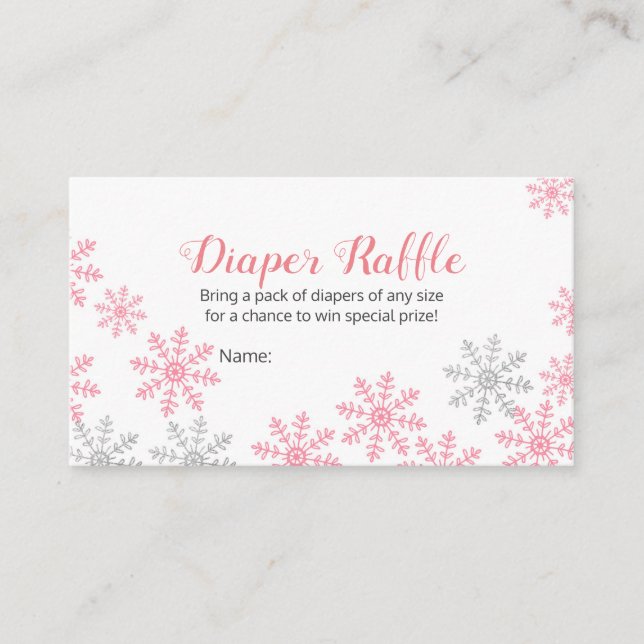Tarjeta De Recepción Diaper Raffle Plata Rosa Winter Copos de nieve (Anverso)