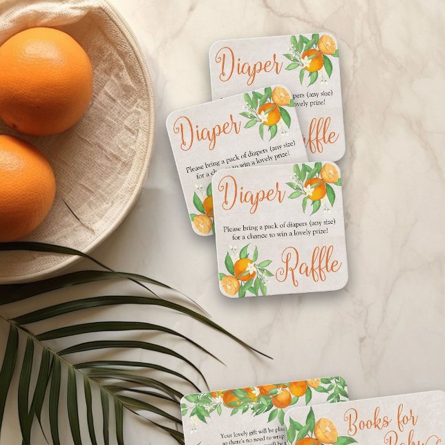 Tarjeta De Recepción Diaper Raffle Poem Citrus Naranja Neutral (Diaper Raffle tickets from my Citrus Orange Baby Shower collection)
