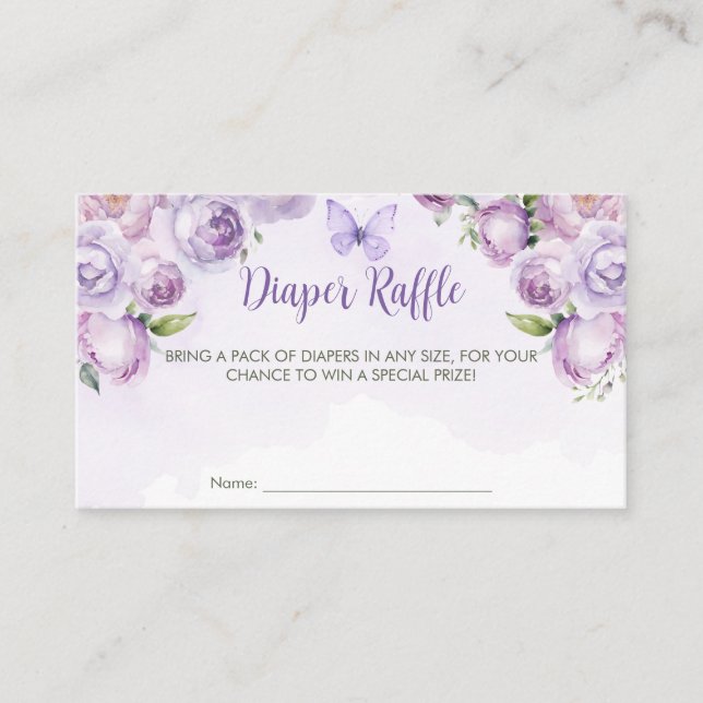 Tarjeta De Recepción Diaper Raffle Purple Floral Butterfly Baby Shower (Anverso)
