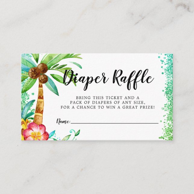 Tarjeta De Recepción Diaper Raffle, Purpurina de acuarela de Luau tropi (Anverso)