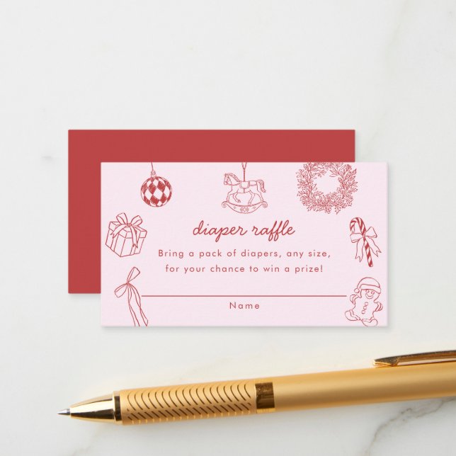 Tarjeta De Recepción Diaper raffle red whimsical christmas winter girl (Anverso/Reverso In Situ)