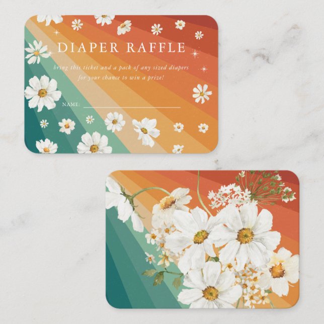 Tarjeta De Recepción Diaper Raffle | Retro Daisy Rainbow Baby Shower (Anverso / Reverso)