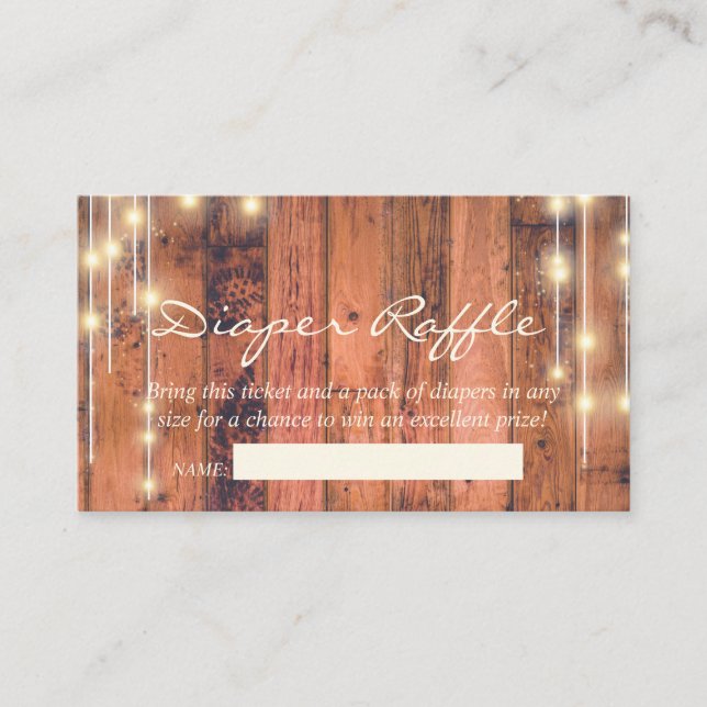 Tarjeta De Recepción Diaper Raffle Rustic Wood String Lights (Anverso)