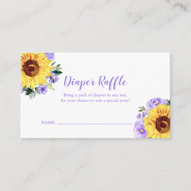 Tarjeta De Recepción Diaper Raffle Sunflower Purple Floral Baby Shower (Anverso)