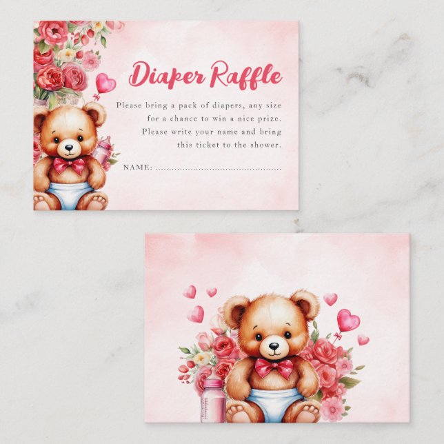 Tarjeta De Recepción Diaper Raffle Teddy Bear Baby Shower Floral Pink (Anverso / Reverso)