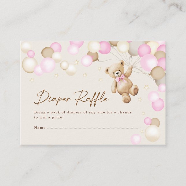 Tarjeta De Recepción Diaper Raffle Teddy Bear Girl Baby Shower (Anverso)