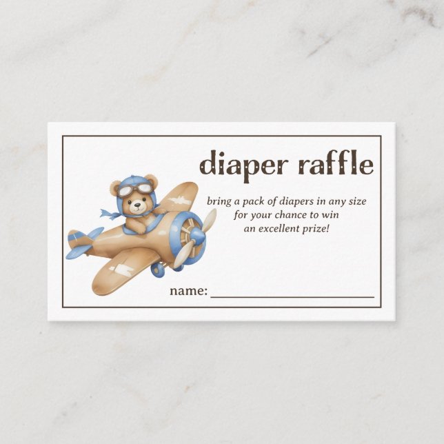 Tarjeta De Recepción Diaper Raffle Teddy Bear Pilot Baby Boy Shower (Anverso)
