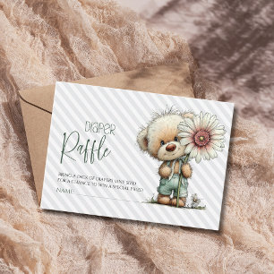 Tarjeta De Recepción Diaper Raffle Teddy Daisy Baby Shower Rayas Grises