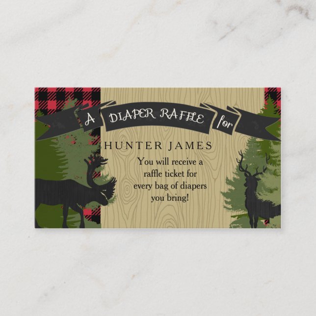 Tarjeta De Recepción Diaper Raffle Ticket Lumberjack Deer Antlers Boy (Anverso)