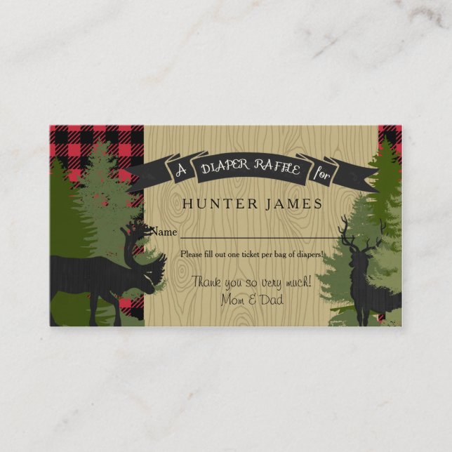 Tarjeta De Recepción Diaper Raffle Ticket Woodland Deer Antler Baby Boy (Anverso)