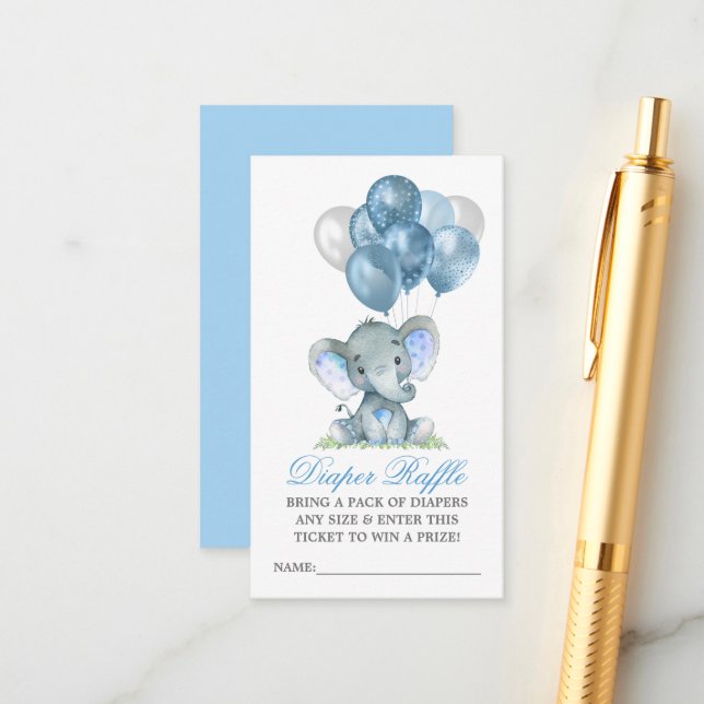 Tarjeta De Recepción Diaper Raffle Watercolor Elephant Blue Balloons (Anverso/Reverso In Situ)