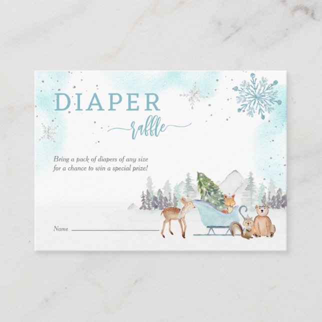 Tarjeta De Recepción Diaper Raffle Winter Woodland Boy Baby Shower (Anverso)